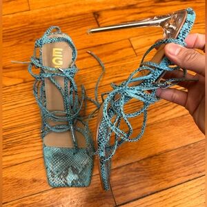 Blue Snakeskin Lace-Up Heels metal and clear spike heel size 10